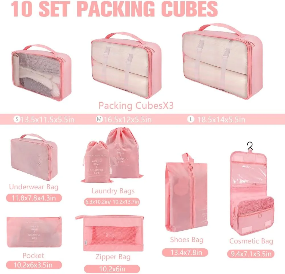 10 Set Packing Cubes for Travel, Lightweight Suitcase Luggage Organizer Bags, Travel Essentials Packing Organizers for Luggage, Packing Cubes for Carry On Suitcase in 4 Sizes with Shoe Bag, Pink