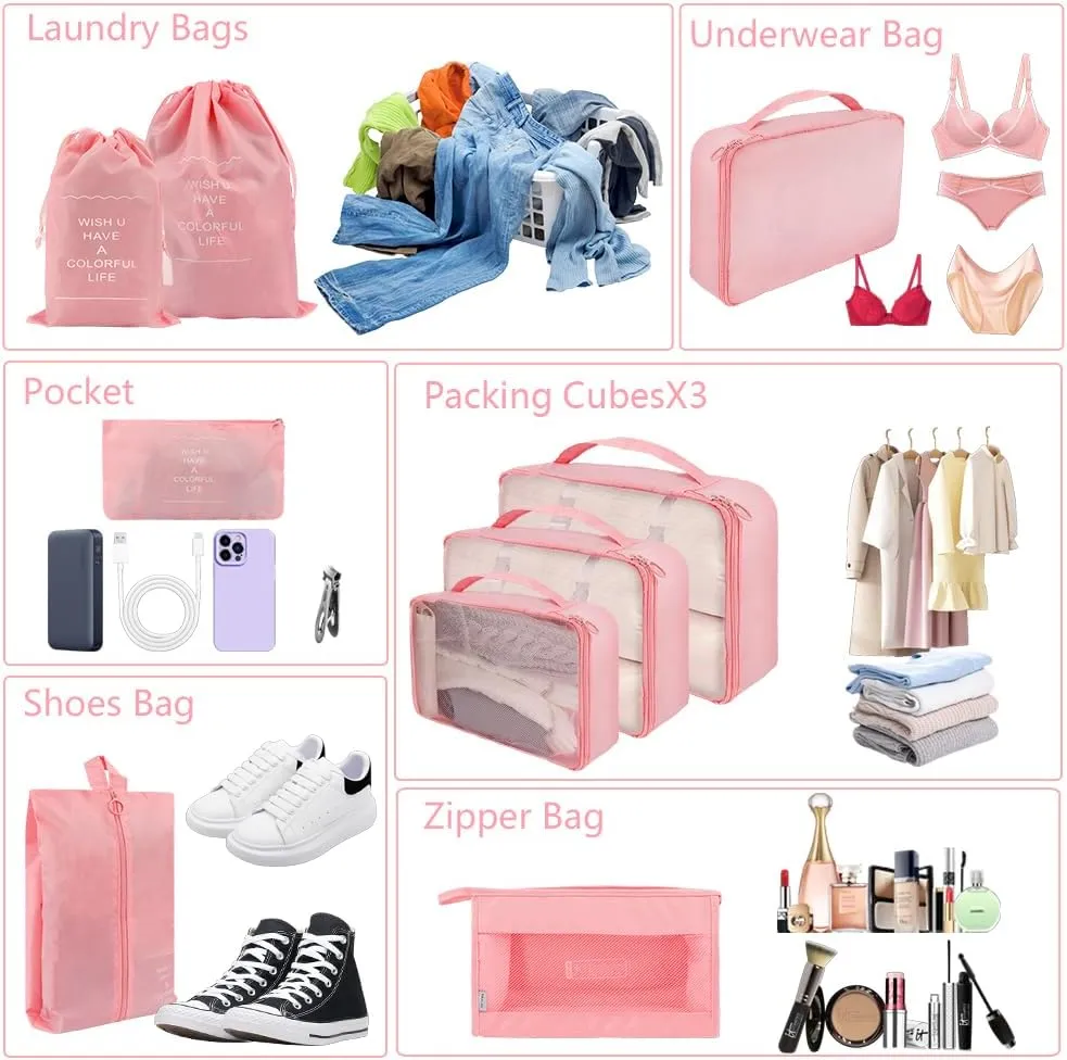 10 Set Packing Cubes for Travel, Lightweight Suitcase Luggage Organizer Bags, Travel Essentials Packing Organizers for Luggage, Packing Cubes for Carry On Suitcase in 4 Sizes with Shoe Bag, Pink
