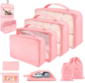 10 Set Packing Cubes for Travel, Lightweight Suitcase Luggage Organizer Bags, Travel Essentials Packing Organizers for Luggage, Packing Cubes for Carry On Suitcase in 4 Sizes with Shoe Bag, Pink