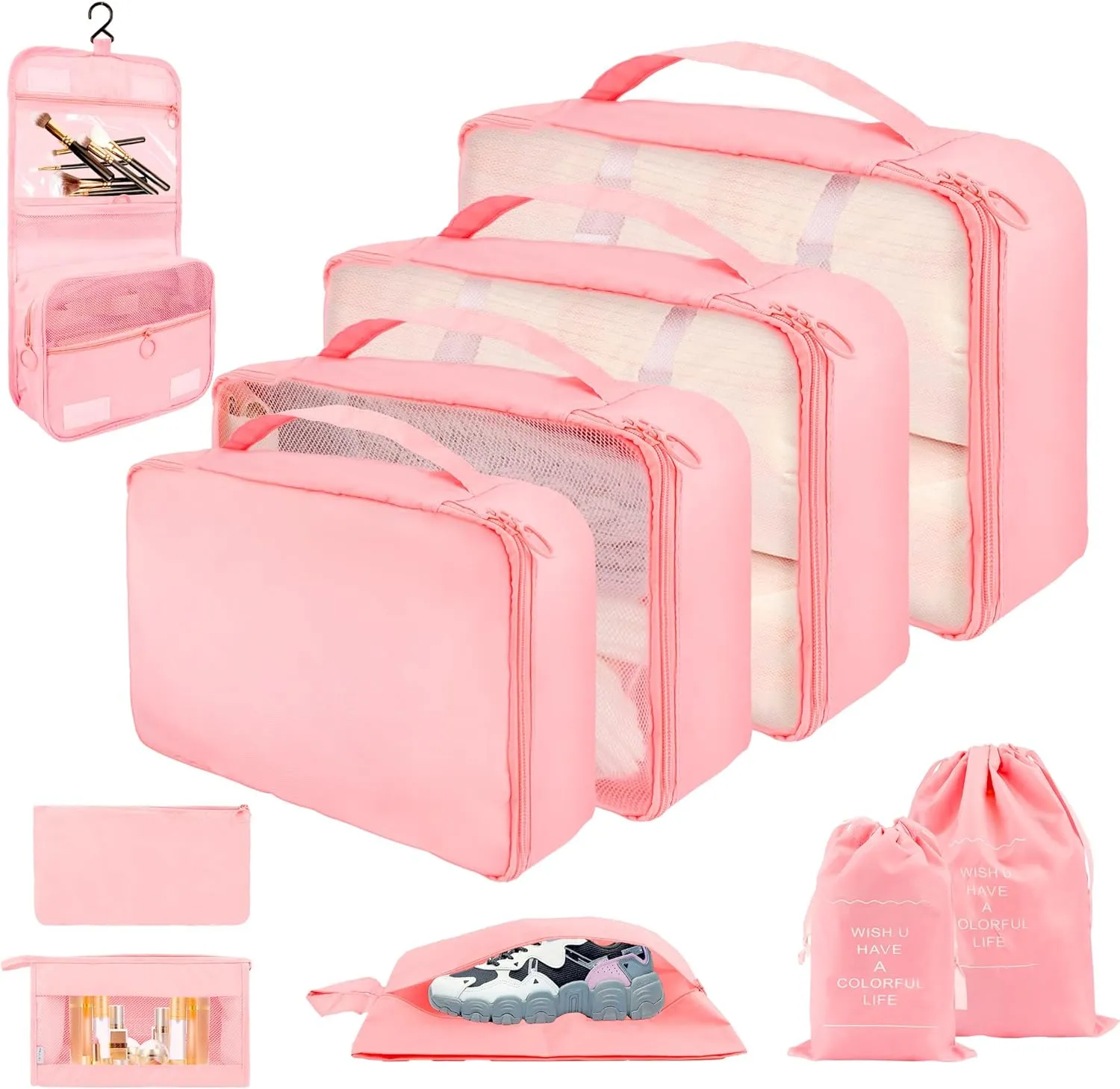 10 Set Packing Cubes for Travel, Lightweight Suitcase Luggage Organizer Bags, Travel Essentials Packing Organizers for Luggage, Packing Cubes for Carry On Suitcase in 4 Sizes with Shoe Bag, Pink