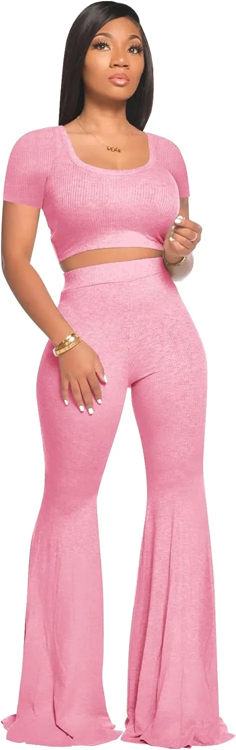 2 Piece Outfits for Women Workout Sets - Sexy Crop Top   High Waisted Flared Long Pant Sets Track Suits Yoga Sports