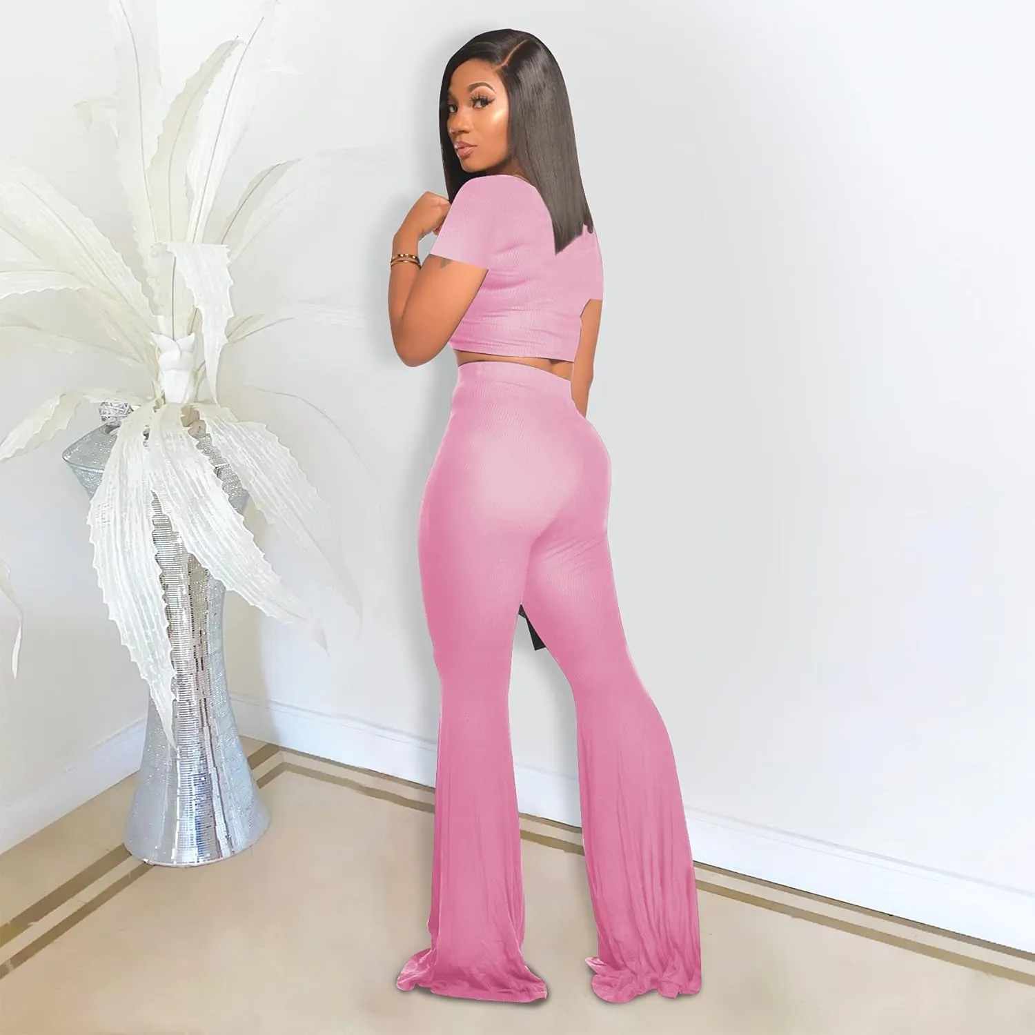 2 Piece Outfits for Women Workout Sets - Sexy Crop Top   High Waisted Flared Long Pant Sets Track Suits Yoga Sports