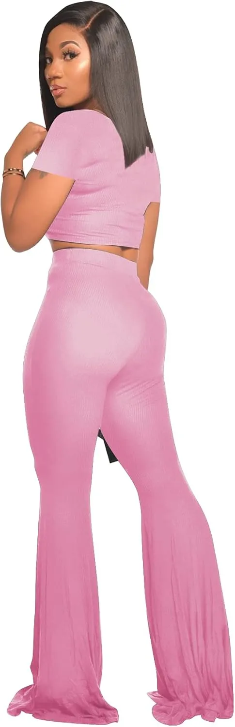 2 Piece Outfits for Women Workout Sets - Sexy Crop Top   High Waisted Flared Long Pant Sets Track Suits Yoga Sports