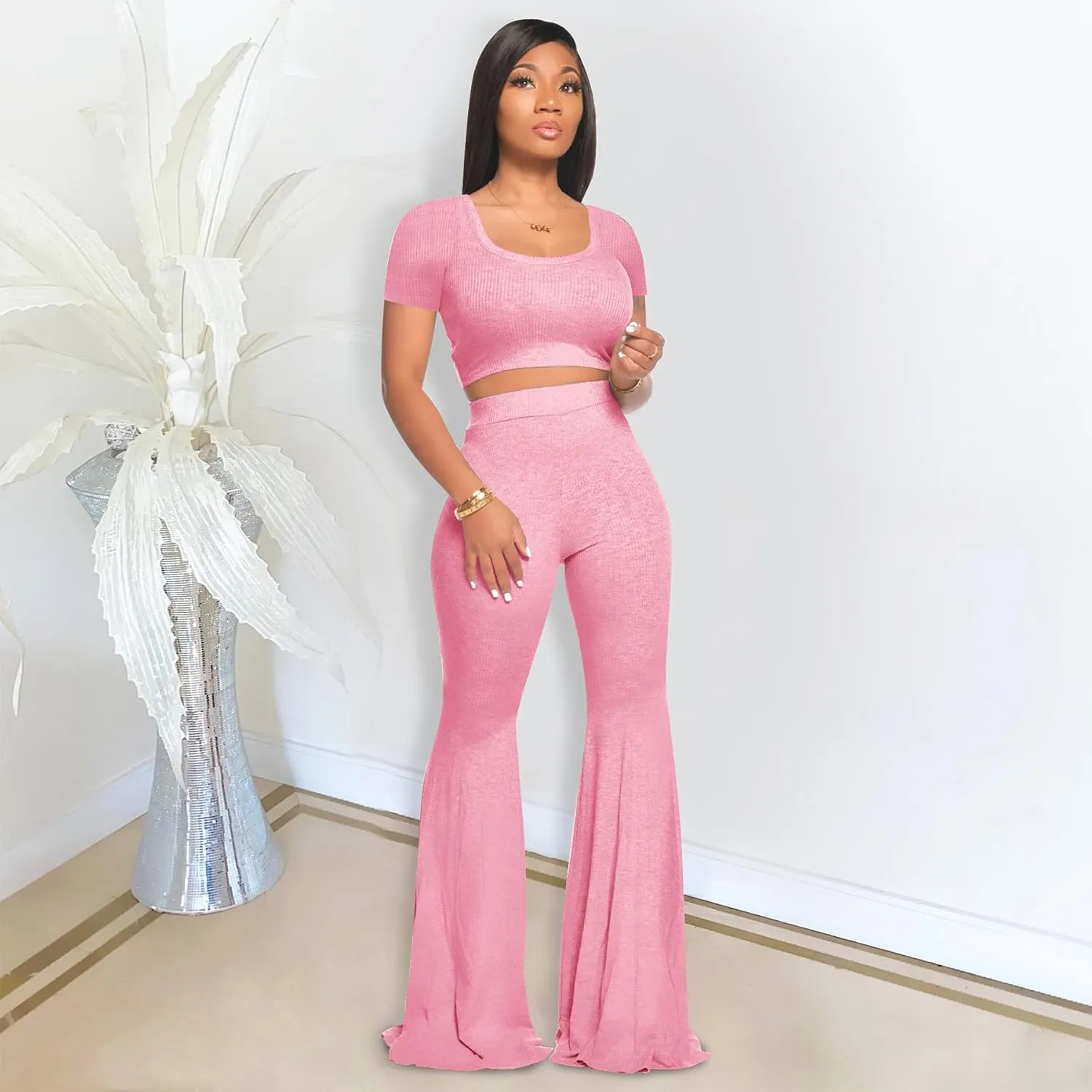 2 Piece Outfits for Women Workout Sets - Sexy Crop Top   High Waisted Flared Long Pant Sets Track Suits Yoga Sports