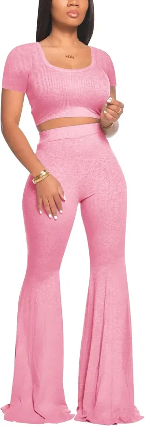 2 Piece Outfits for Women Workout Sets - Sexy Crop Top   High Waisted Flared Long Pant Sets Track Suits Yoga Sports