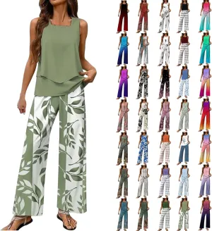 2 Piece Sets for Women Summer Sleeveless Lounge Sets Square Neck Tops Wide Leg Crop Pants Beach Vacation Outfits