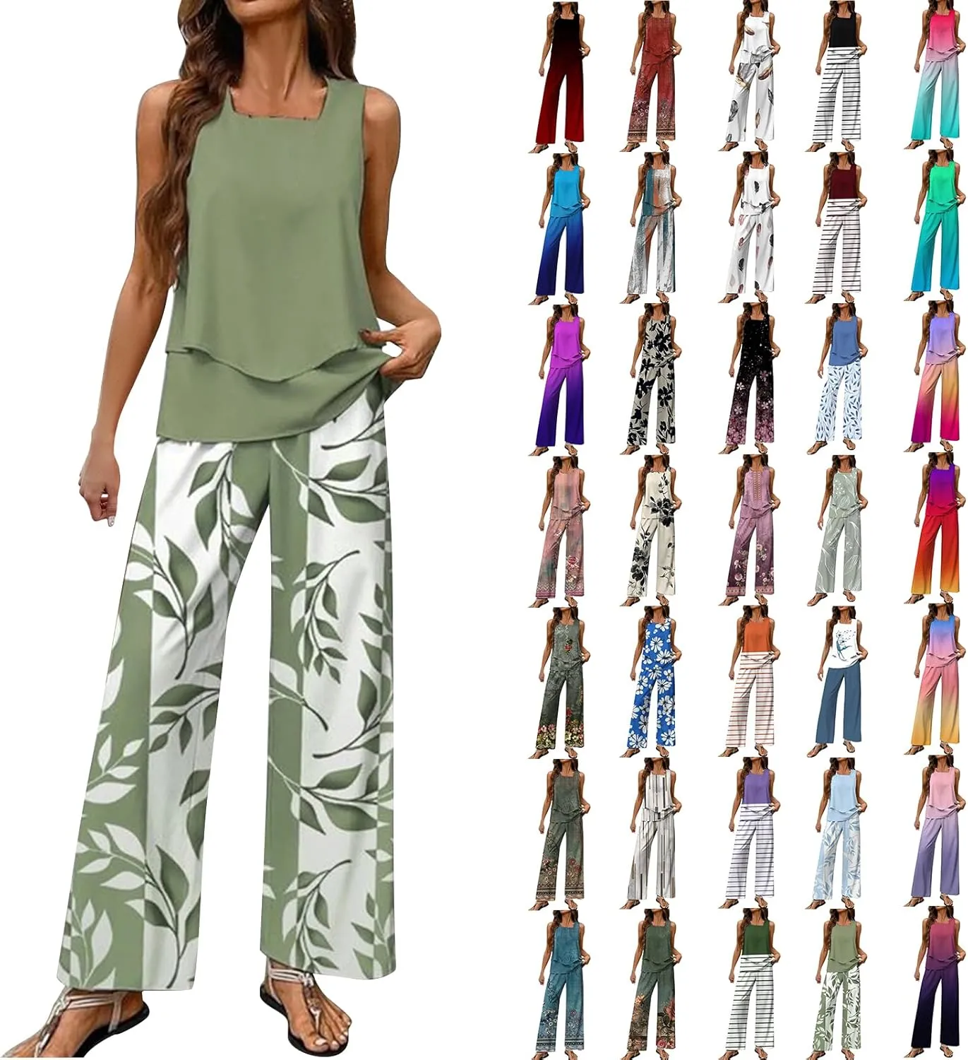 2 Piece Sets for Women Summer Sleeveless Lounge Sets Square Neck Tops Wide Leg Crop Pants Beach Vacation Outfits