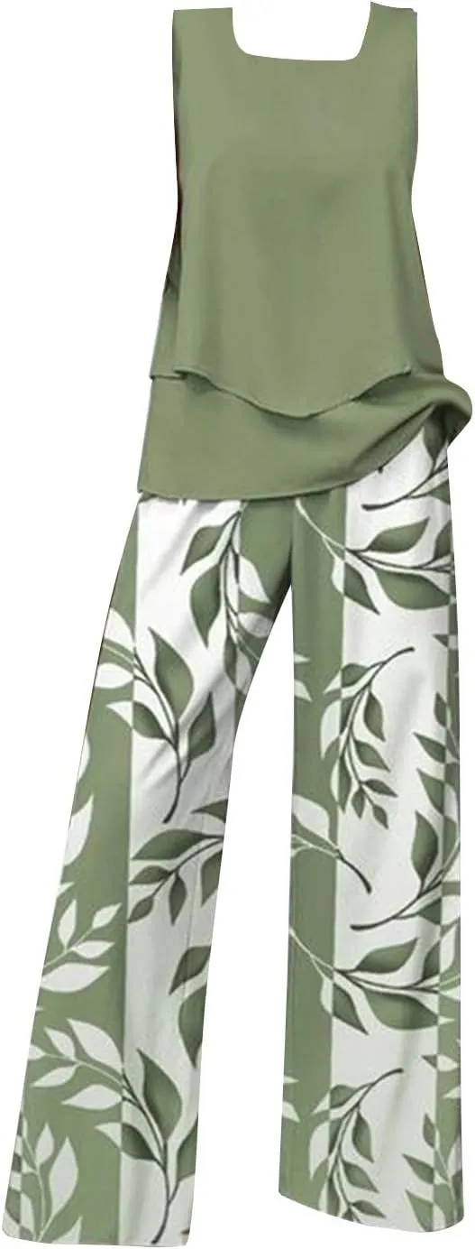 2 Piece Sets for Women Summer Sleeveless Lounge Sets Square Neck Tops Wide Leg Crop Pants Beach Vacation Outfits