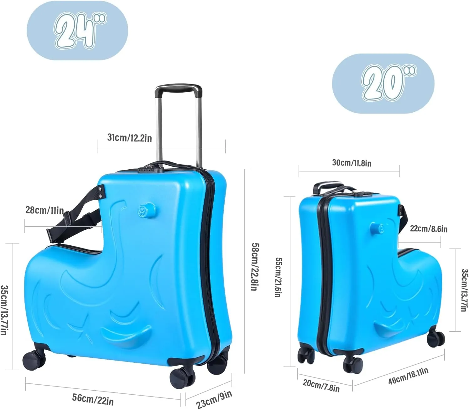 20 Inch Kids Ride Suitcase,Toddler Luggage Seat Ride with Lock - Kids Travel Trolley with Safety Belt, kids luggage for Toddler Airplane Travel,Suitcase to Aged 1-6 Years Old,ABS PC (Blue)