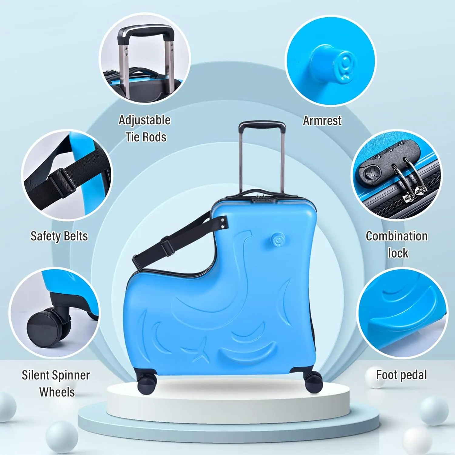 20 Inch Kids Ride Suitcase,Toddler Luggage Seat Ride with Lock - Kids Travel Trolley with Safety Belt, kids luggage for Toddler Airplane Travel,Suitcase to Aged 1-6 Years Old,ABS PC (Blue)