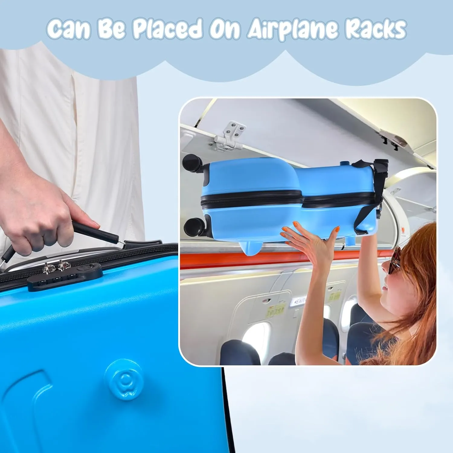 20 Inch Kids Ride Suitcase,Toddler Luggage Seat Ride with Lock - Kids Travel Trolley with Safety Belt, kids luggage for Toddler Airplane Travel,Suitcase to Aged 1-6 Years Old,ABS PC (Blue)