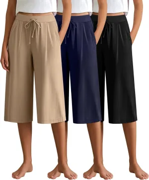 3 Pack Women's Capri Pants, Casual Wide Leg Yoga Pants High Waist Drawstring Cropped Lounge Trousers with Pockets