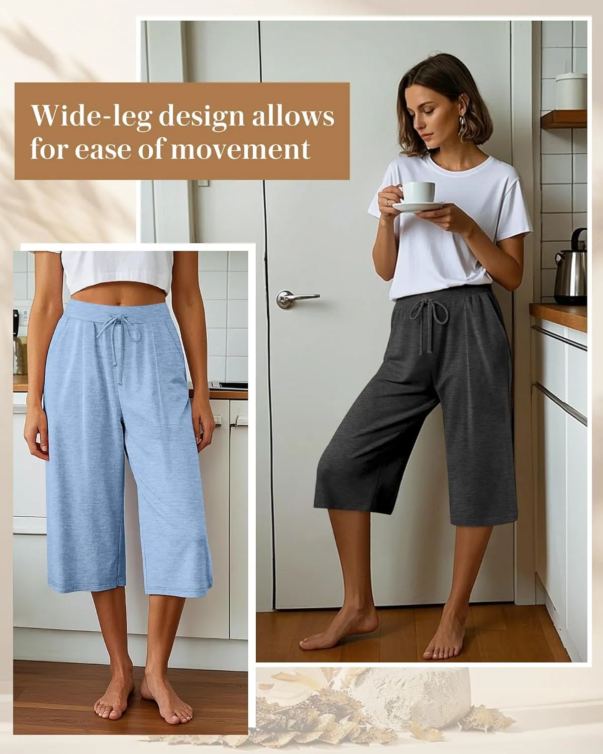 3 Pack Women's Capri Pants, Casual Wide Leg Yoga Pants High Waist Drawstring Cropped Lounge Trousers with Pockets