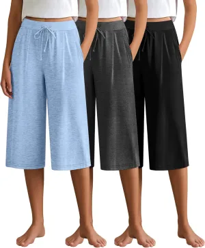 3 Pack Women's Capri Pants, Casual Wide Leg Yoga Pants High Waist Drawstring Cropped Lounge Trousers with Pockets
