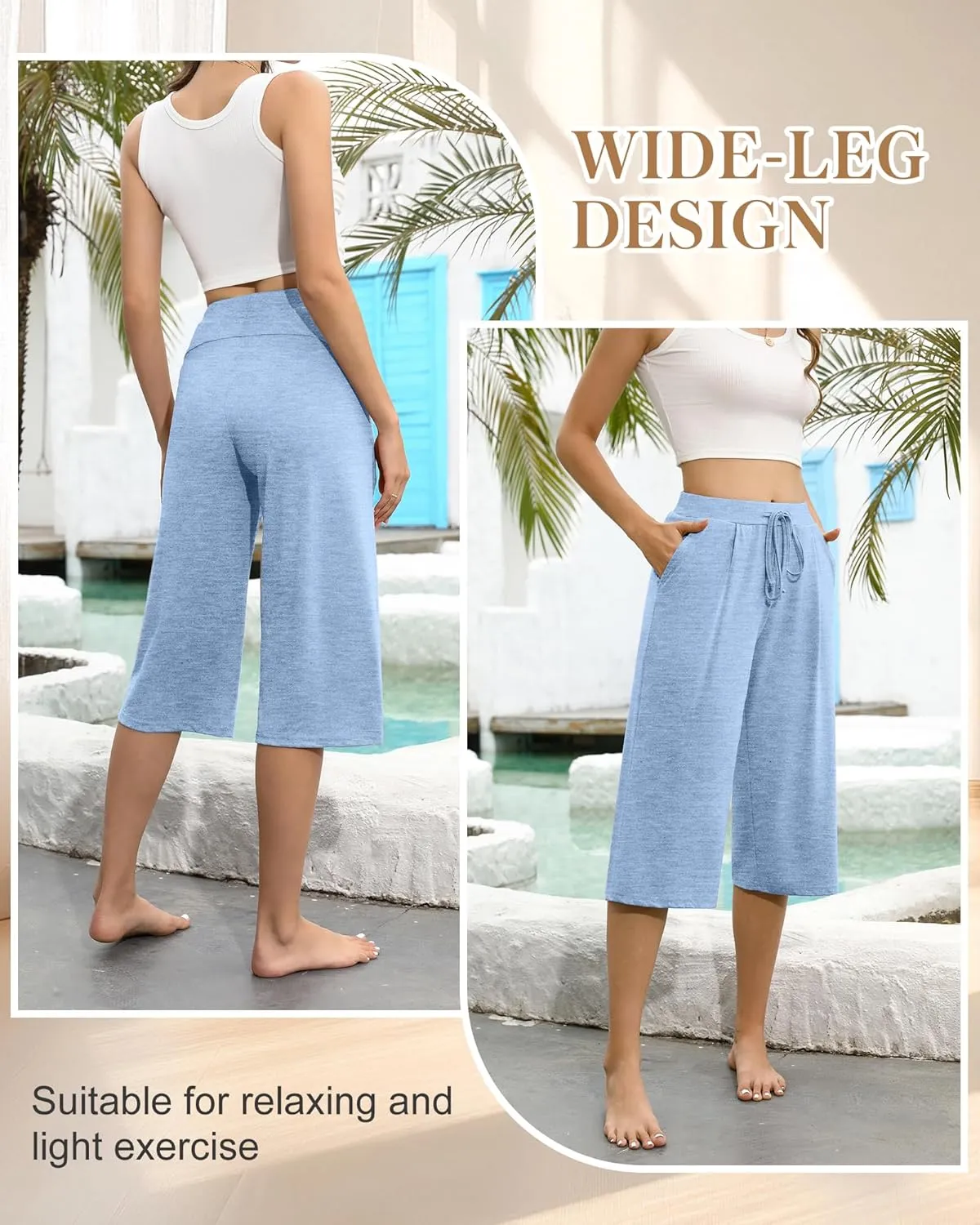 3 Pack Women's Capri Pants, Casual Wide Leg Yoga Pants High Waist Drawstring Cropped Lounge Trousers with Pockets