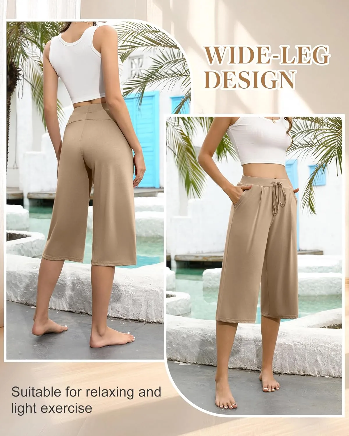 3 Pack Women's Capri Pants, Casual Wide Leg Yoga Pants High Waist Drawstring Cropped Lounge Trousers with Pockets
