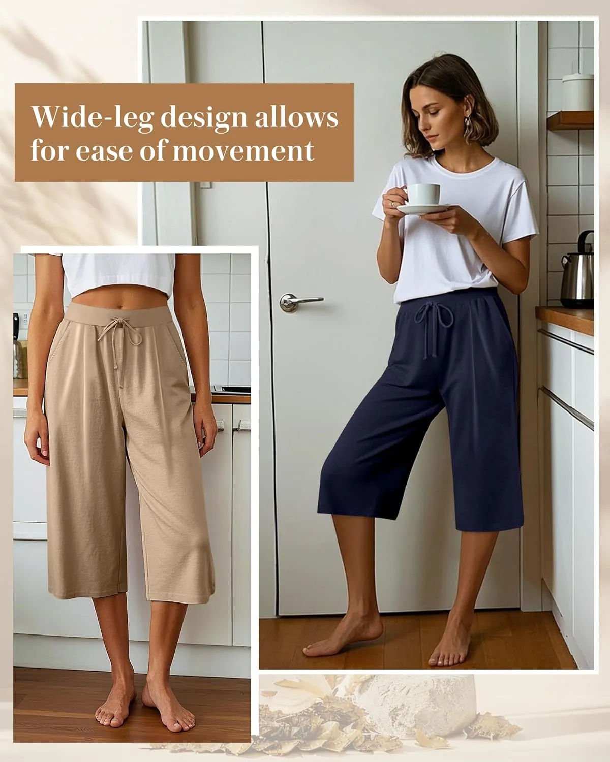3 Pack Women's Capri Pants, Casual Wide Leg Yoga Pants High Waist Drawstring Cropped Lounge Trousers with Pockets