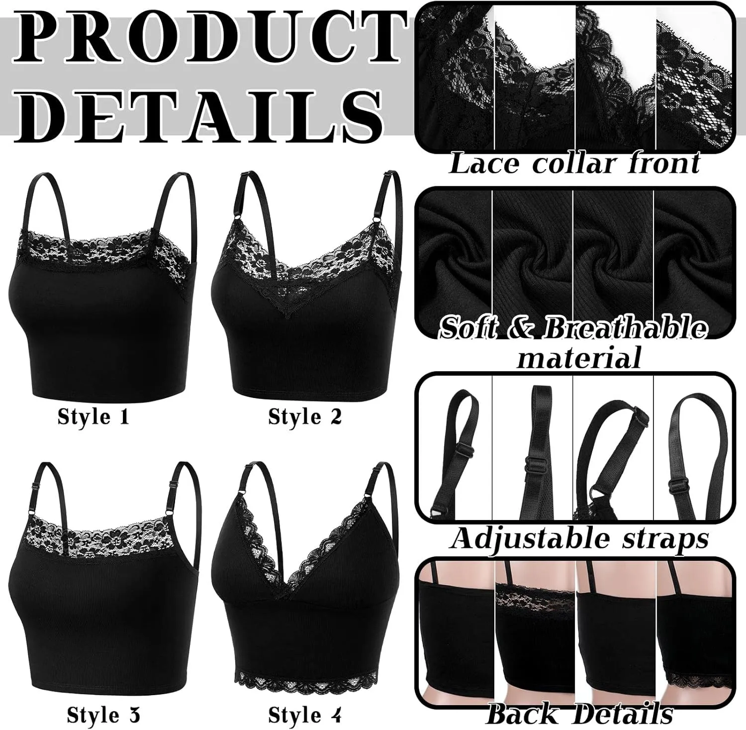 4 Pack Women Lace Camisole Lace Bralettes Half V Neck Cami Bra with Adjustable Spaghetti Strap Crop Tank Top for Girls