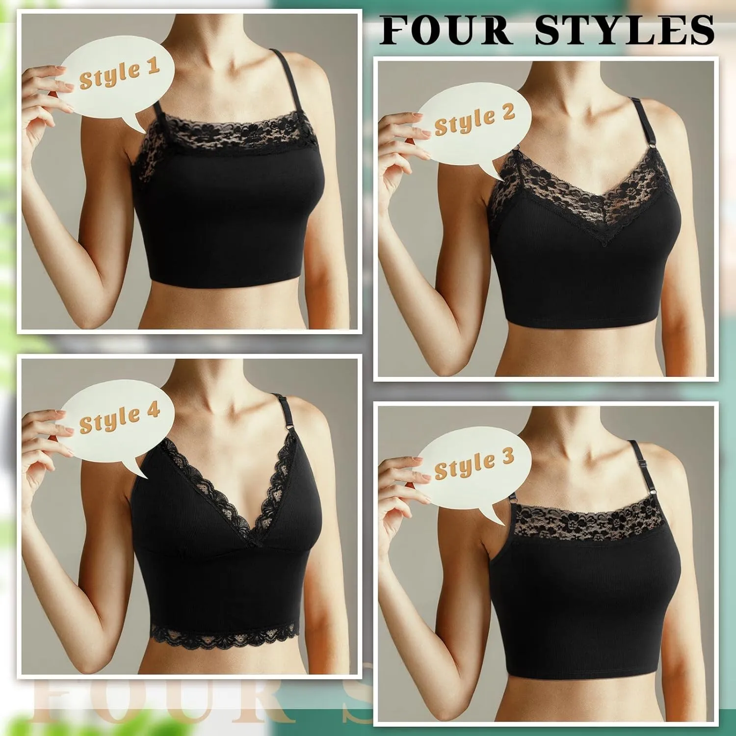 4 Pack Women Lace Camisole Lace Bralettes Half V Neck Cami Bra with Adjustable Spaghetti Strap Crop Tank Top for Girls