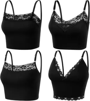 4 Pack Women Lace Camisole Lace Bralettes Half V Neck Cami Bra with Adjustable Spaghetti Strap Crop Tank Top for Girls