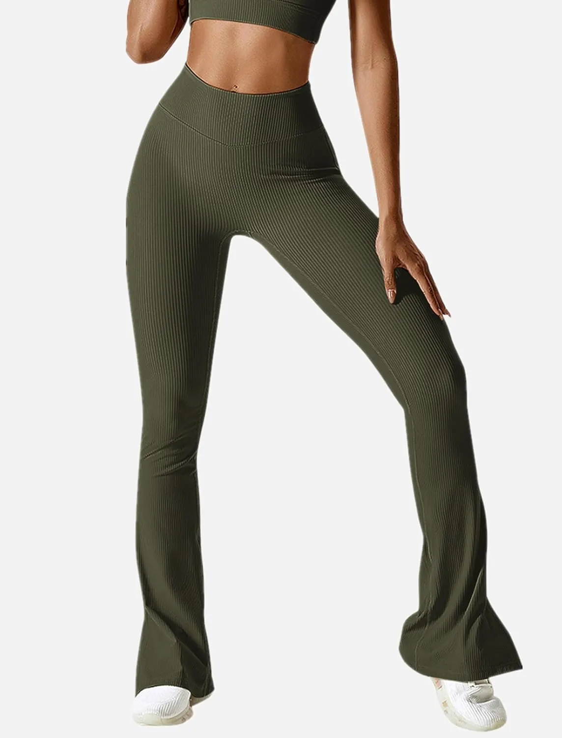 ABOCIW Women Ribbed Seamless Slit Hem Flared Leggings High Waist Bootcut Yoga Pants Tummy Control Workout Bootleg Pants