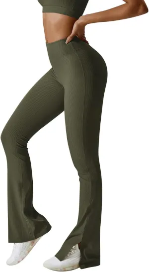 ABOCIW Women Ribbed Seamless Slit Hem Flared Leggings High Waist Bootcut Yoga Pants Tummy Control Workout Bootleg Pants