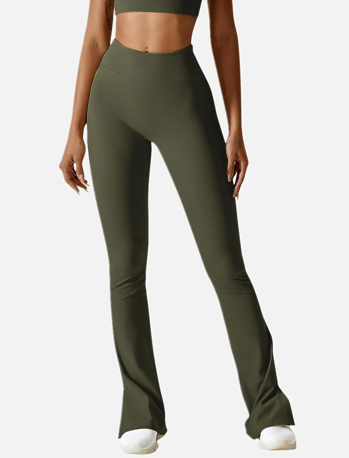 ABOCIW Women Ribbed Seamless Slit Hem Flared Leggings High Waist Bootcut Yoga Pants Tummy Control Workout Bootleg Pants