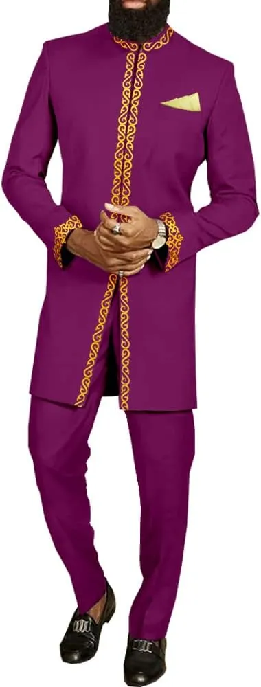 African Suit for Men Jacket and Trousers 2 Piece Set Dashiki Blazer with Kerchief Bazin Riche Kaftan Wedding Evening