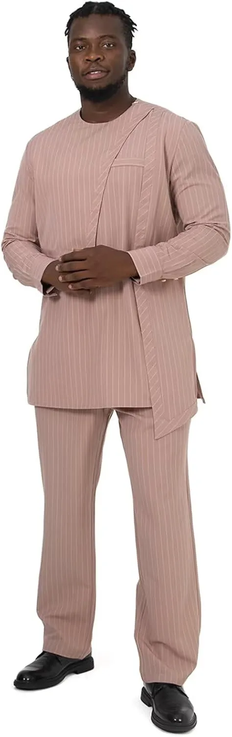 African Suit for Men Traditional Dashiki Stripe Blazer and Pants 2 Piece Set Business Dress Suit Party Wedding Evening