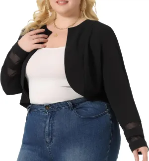 Agnes Orinda Plus Size Blazer Jacket for Women Mesh Long Sleeve Open Front Cropped Shrug Bolero Cardigan