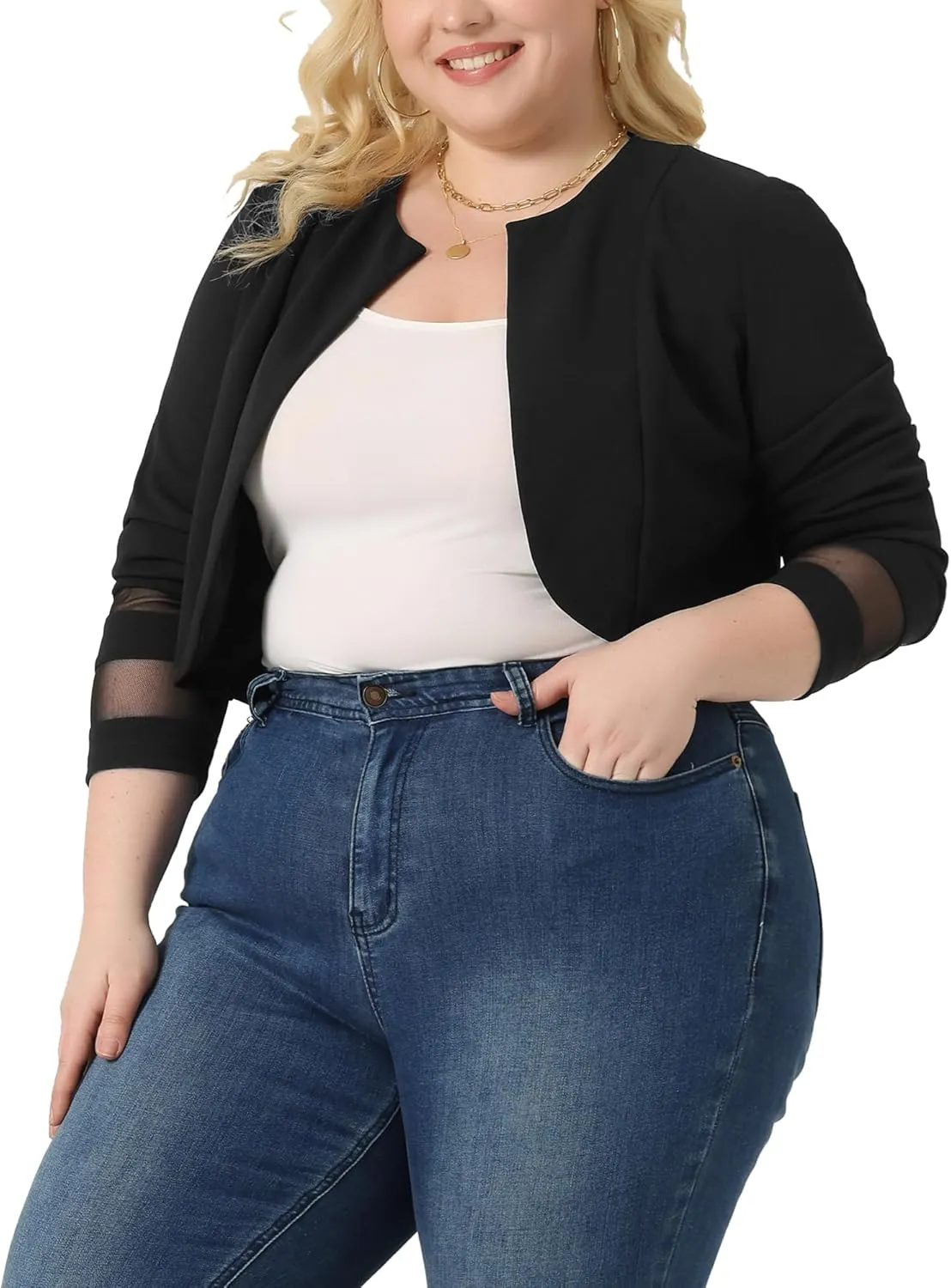 Agnes Orinda Plus Size Blazer Jacket for Women Mesh Long Sleeve Open Front Cropped Shrug Bolero Cardigan