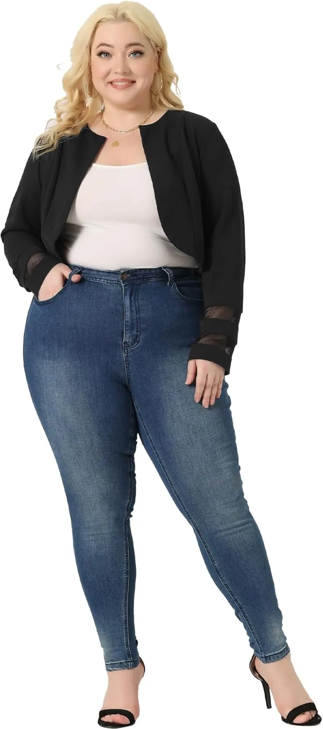 Agnes Orinda Plus Size Blazer Jacket for Women Mesh Long Sleeve Open Front Cropped Shrug Bolero Cardigan