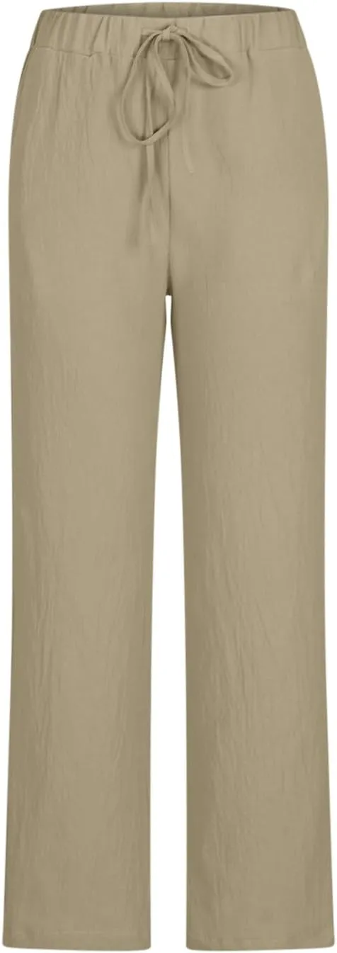 Akklian Women's Summer Cotton Linen Wide Leg Pants Drawstring High Waisted Palazzo Pants Flowy Beach Trousers with Pockets