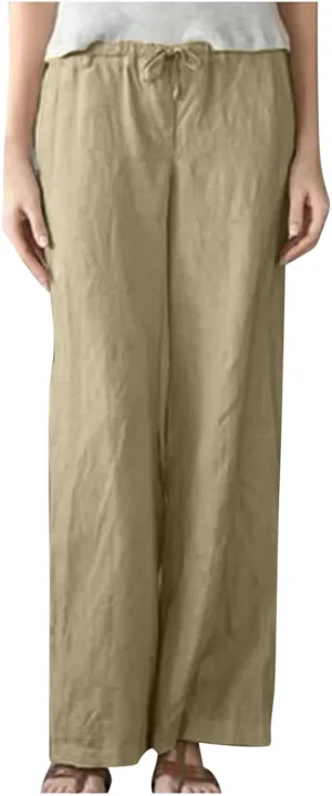 Akklian Women's Summer Cotton Linen Wide Leg Pants Drawstring High Waisted Palazzo Pants Flowy Beach Trousers with Pockets