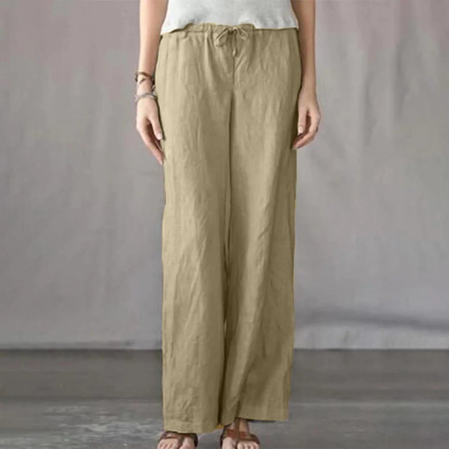 Akklian Women's Summer Cotton Linen Wide Leg Pants Drawstring High Waisted Palazzo Pants Flowy Beach Trousers with Pockets