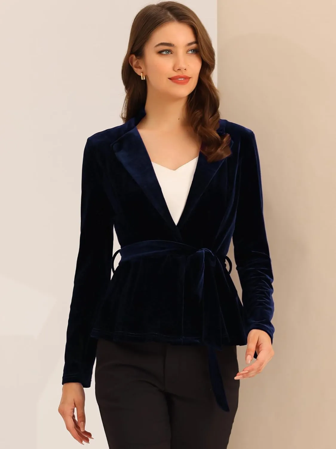 Allegra K Women's Work Office Velvet Belted Lapel Collar Blazer Jacket