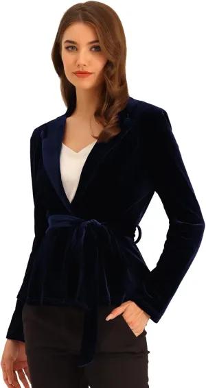 Allegra K Women's Work Office Velvet Belted Lapel Collar Blazer Jacket