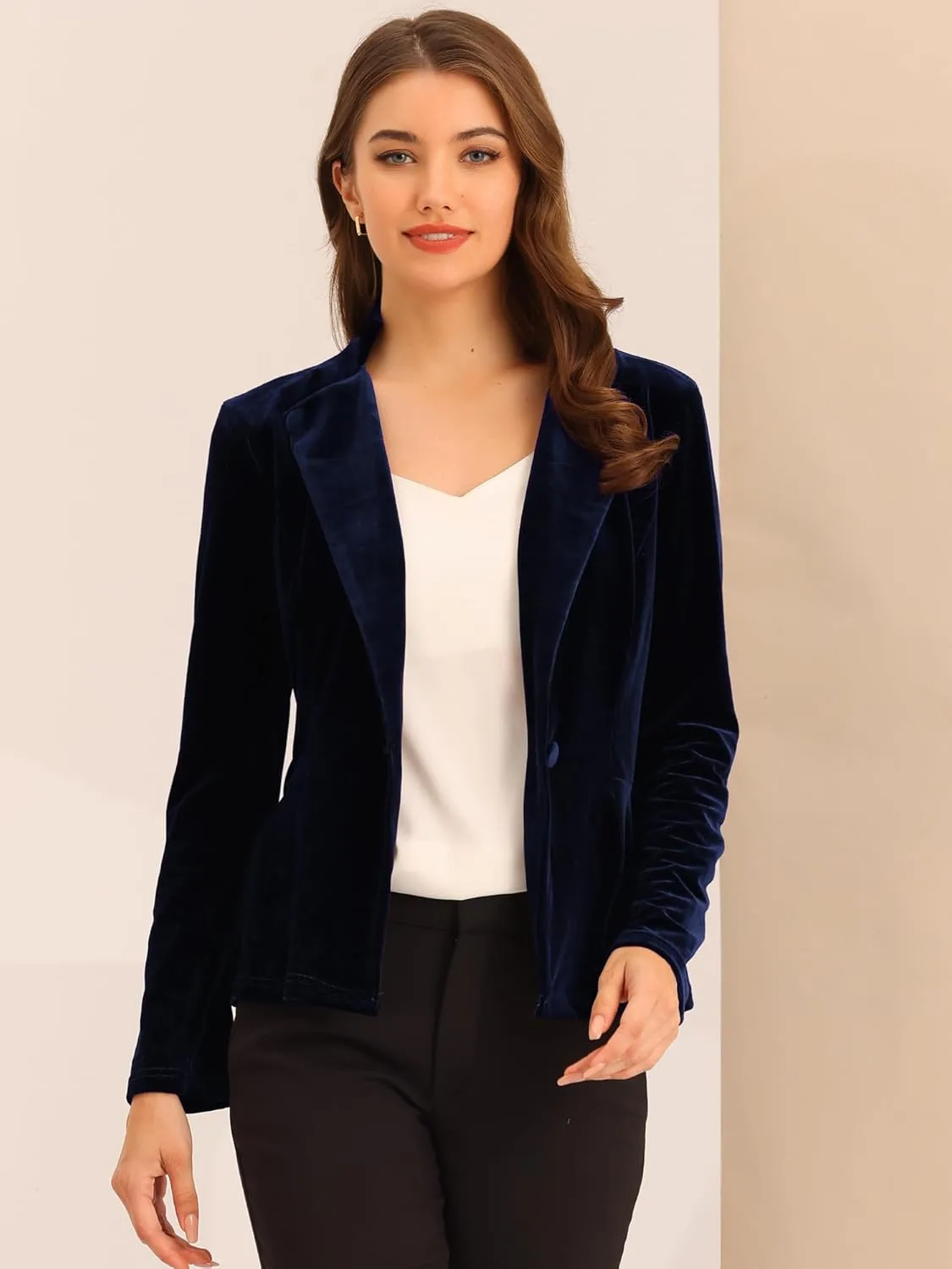 Allegra K Women's Work Office Velvet Belted Lapel Collar Blazer Jacket