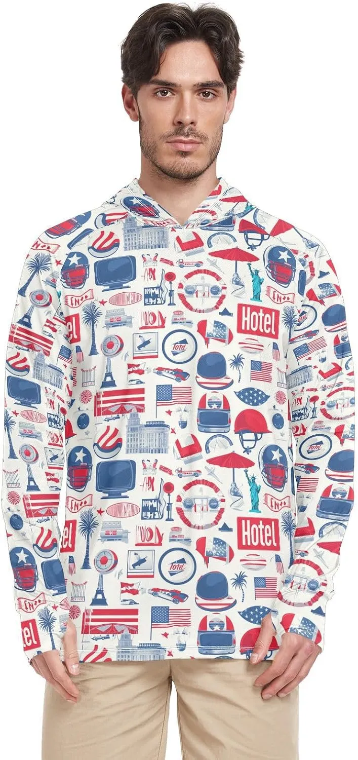 American Unique Mens Sun Protection Hoodie Long Sleeve Sun Shirt With Hood UPF 50  Quick-Dry UV Rash Guard With Hood Sailing Shirts enguatada de hombre para la playa
