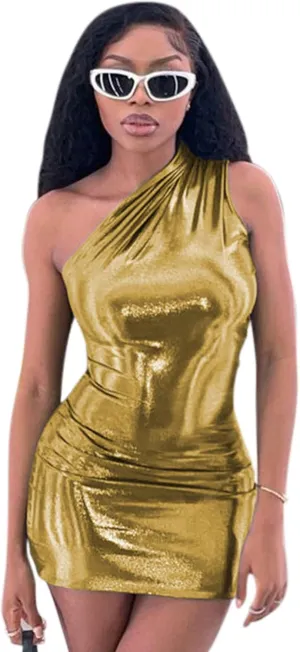 ANKOMINA Women's Sexy Metallic One Shoulder Mini Dress Shiny Sleeveless Bodycon Dresses for Party Club Cocktail