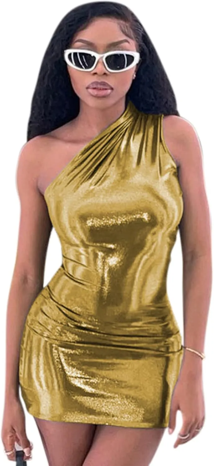 ANKOMINA Women's Sexy Metallic One Shoulder Mini Dress Shiny Sleeveless Bodycon Dresses for Party Club Cocktail