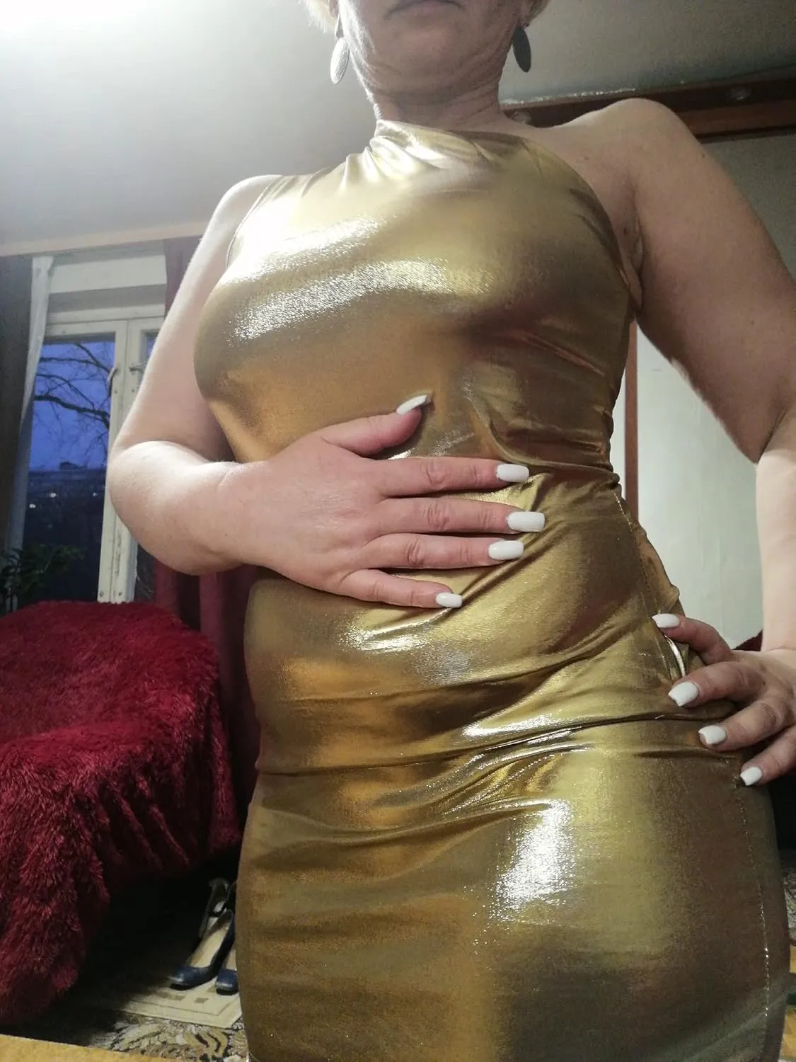 ANKOMINA Women's Sexy Metallic One Shoulder Mini Dress Shiny Sleeveless Bodycon Dresses for Party Club Cocktail
