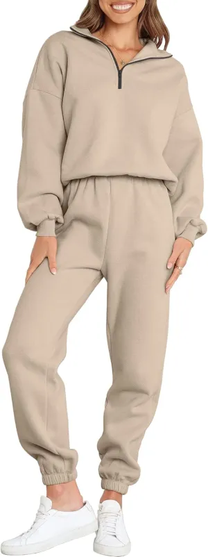ANRABESS Women 2 Piece Outfits Sweatsuit Oversized Half Zip Sweatshirt Jogger Sweatpants Tracksuit Lounge Set 2024 Clothes