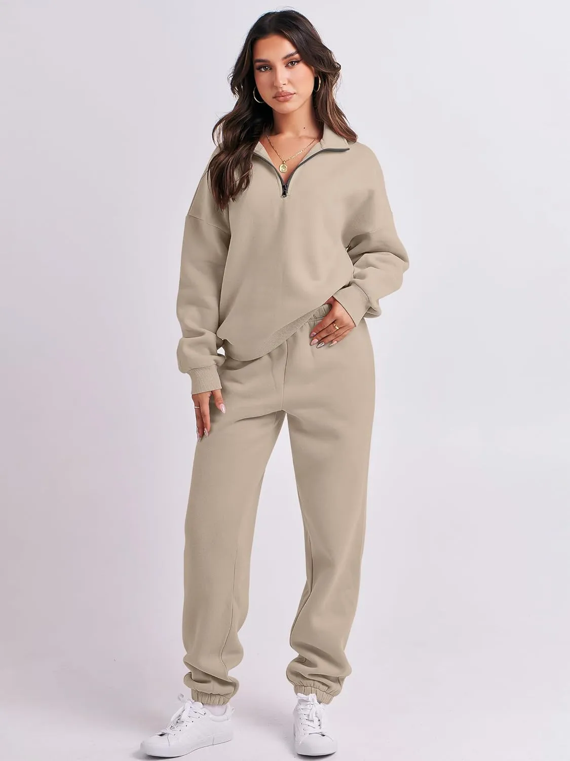 ANRABESS Women 2 Piece Outfits Sweatsuit Oversized Half Zip Sweatshirt Jogger Sweatpants Tracksuit Lounge Set 2024 Clothes
