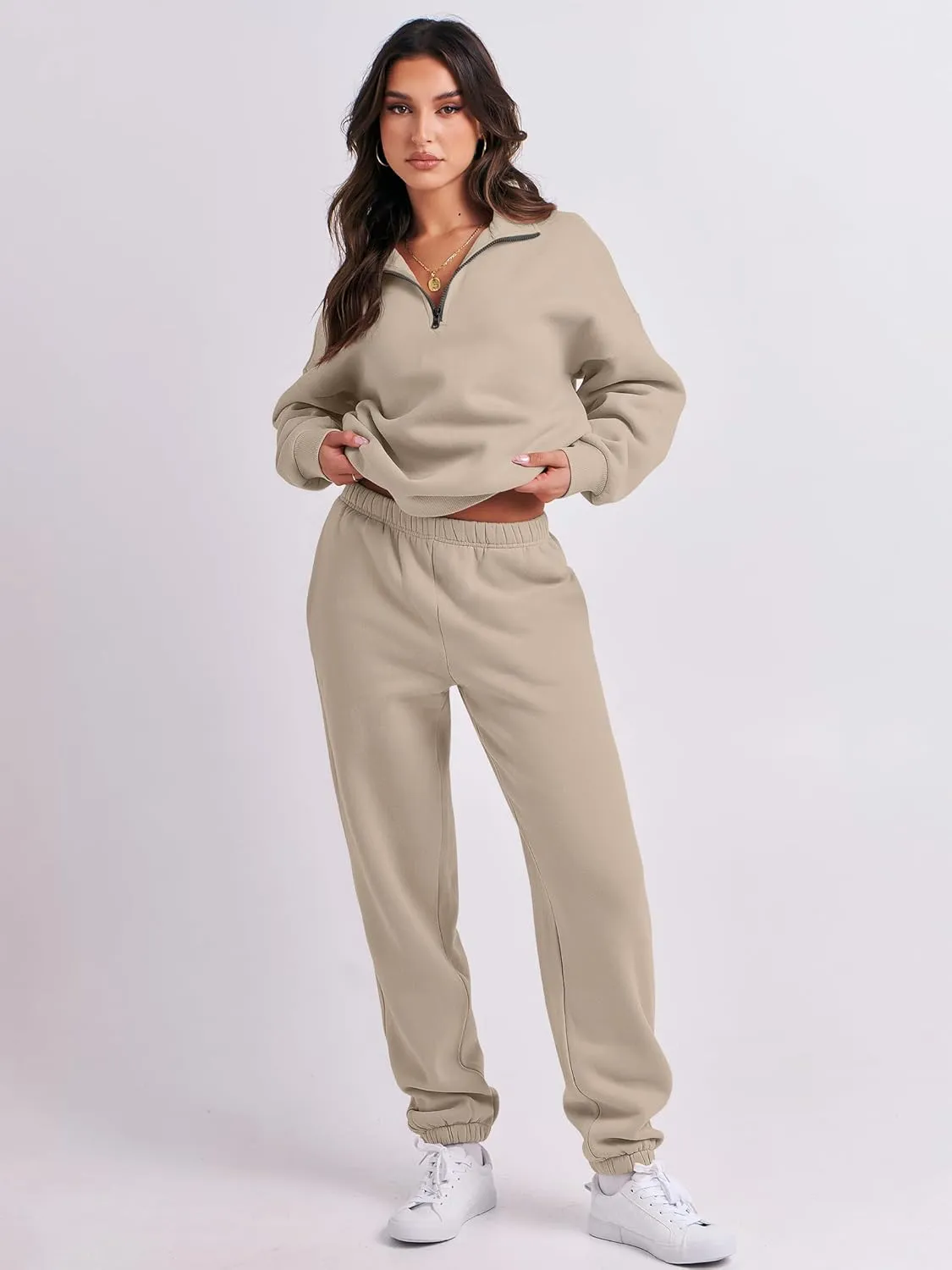 ANRABESS Women 2 Piece Outfits Sweatsuit Oversized Half Zip Sweatshirt Jogger Sweatpants Tracksuit Lounge Set 2024 Clothes