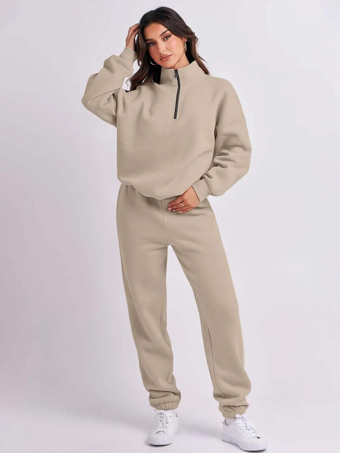 ANRABESS Women 2 Piece Outfits Sweatsuit Oversized Half Zip Sweatshirt Jogger Sweatpants Tracksuit Lounge Set 2024 Clothes