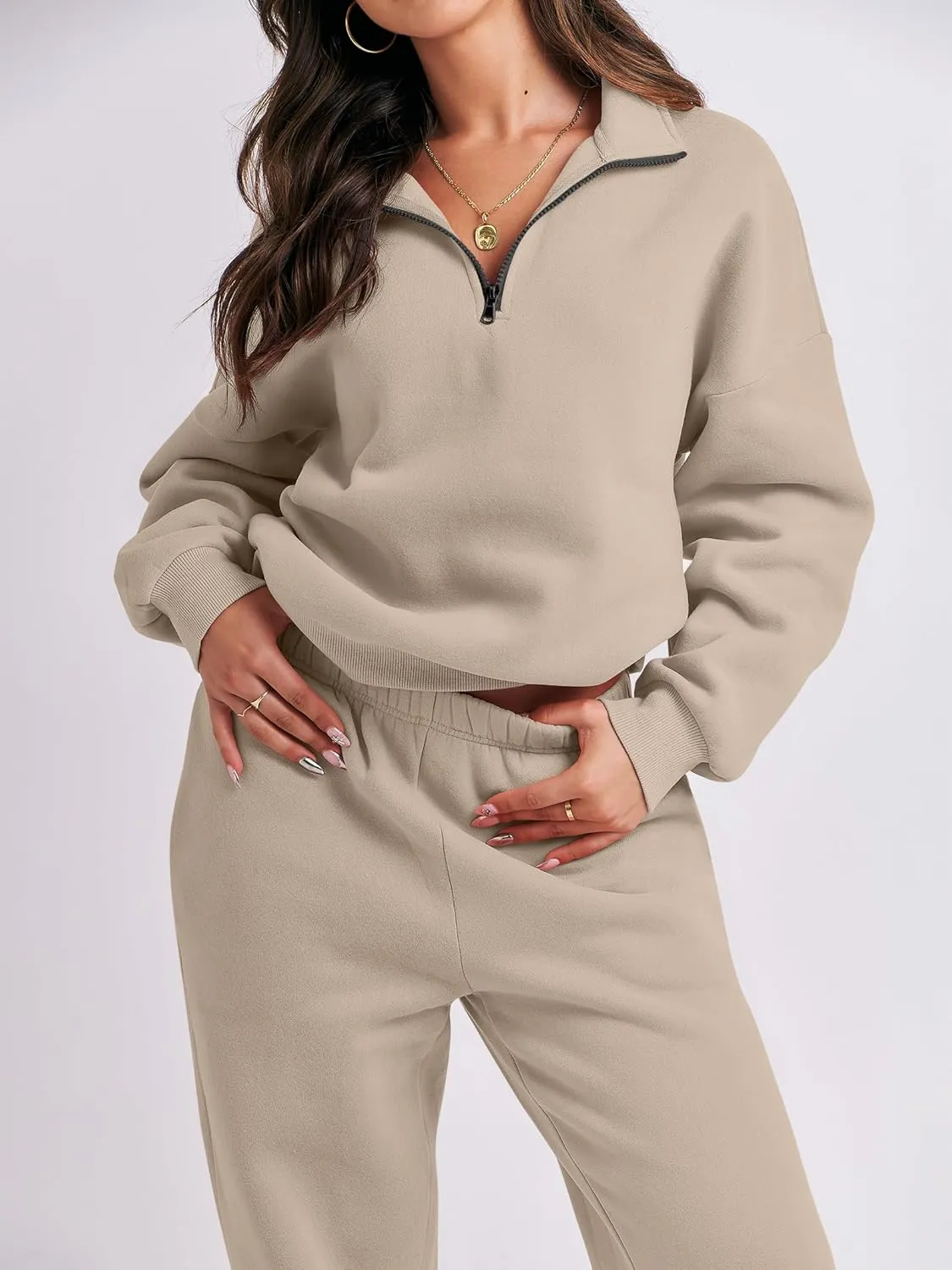 ANRABESS Women 2 Piece Outfits Sweatsuit Oversized Half Zip Sweatshirt Jogger Sweatpants Tracksuit Lounge Set 2024 Clothes
