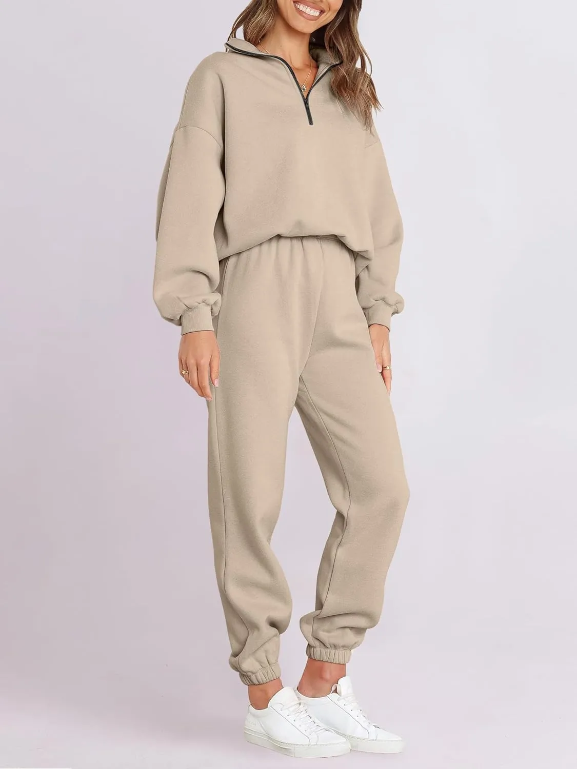 ANRABESS Women 2 Piece Outfits Sweatsuit Oversized Half Zip Sweatshirt Jogger Sweatpants Tracksuit Lounge Set 2024 Clothes