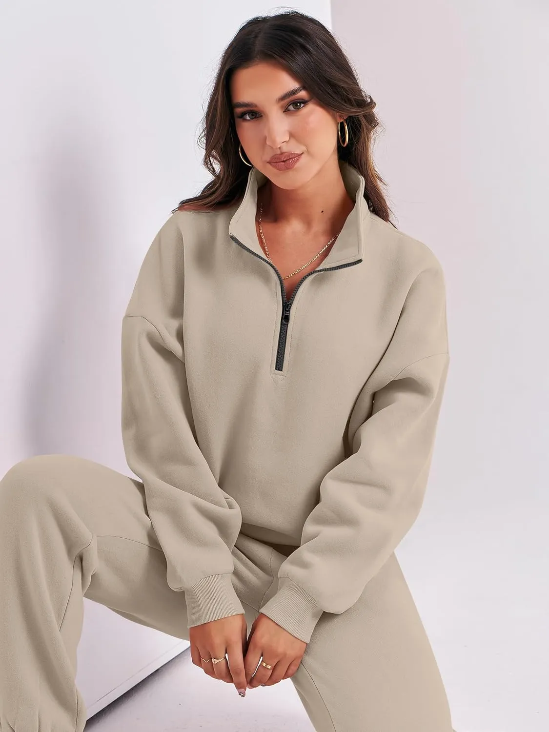 ANRABESS Women 2 Piece Outfits Sweatsuit Oversized Half Zip Sweatshirt Jogger Sweatpants Tracksuit Lounge Set 2024 Clothes