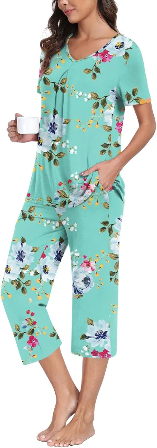 Anyally Women's Summer Capri Pajama Set Short Sleeve Shirt and Pajama Pants 2 Piece Ladies Pjs Sets